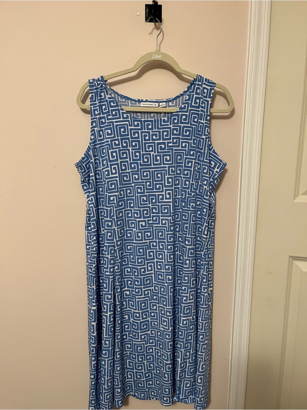 Susan Graver Blue and White Geometric Midi Dress